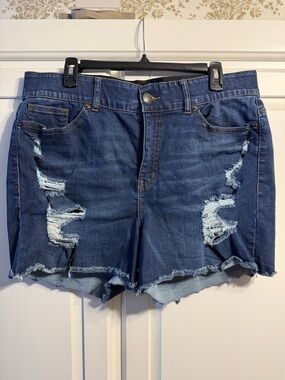 New York & Company Dark Blue Distressed Curvy Sculpting Denim Shorts